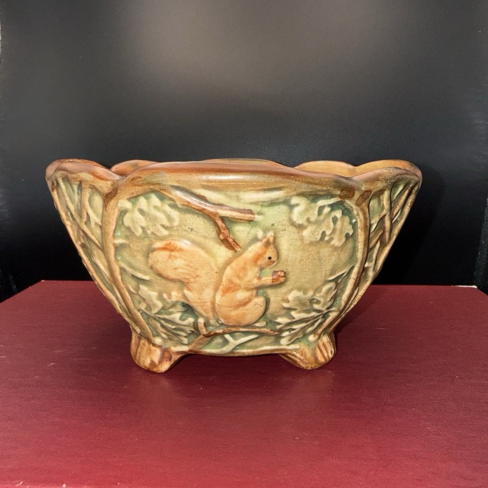 ANTIQUE WELLER POTTERY "WOODCRAFT" SQUIRREL FOOTED BOWL USA MINT! 6 1/4"